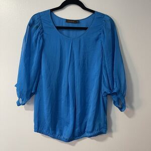 The Limited Medium Blue Chiffon Pleated Blouse Puff Sleeve Top